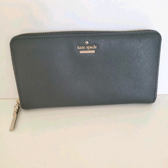 Kate Spade Wallet Clutch Accordion Geniue Leather Zip Around Black - Picture 1 of 10